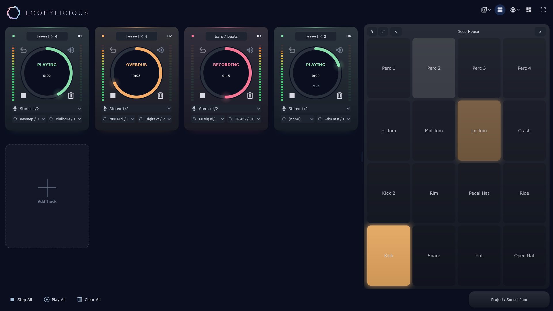 The Loopylicious desktop app: a grid of glowing loop tracks (playing, overdubbing, recording) with per-track audio and MIDI routing, beside a drum-pad panel loaded with the Soulful Vintage pack.