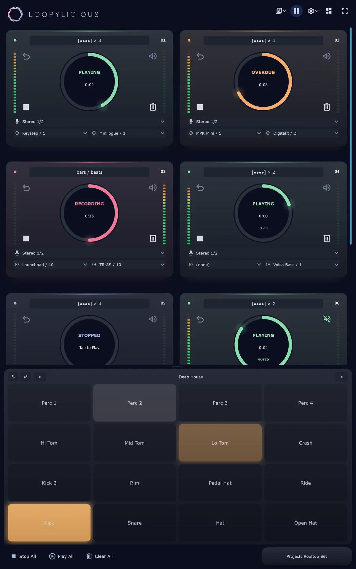 Loopylicious running on a portrait tablet: a grid of glowing loop dials (playing, overdubbing, recording) above the drum-pad panel loaded with the Soulful Vintage pack.