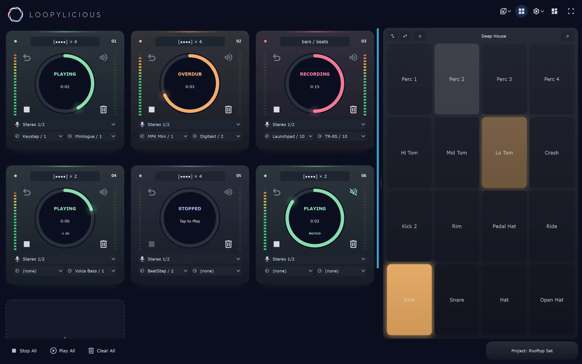 Loopylicious running on a portrait tablet: a grid of glowing loop dials above the drum-pad panel.